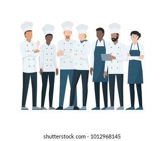 Team of professional chefs standing together on white background