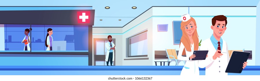 Team Of Professional Doctors In Modern Hospital Or Clinic Working Horizontal Banner