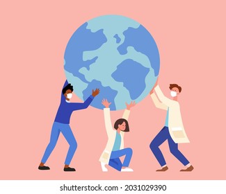 Team of professional doctors and nurses wearing face mask raising the earth. Concept of saving earth during covid outbreak. Flat illustration.