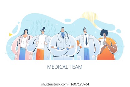 Un equipo de médicos profesionales se mantiene unido. Ilustraciones de diseño vectorial plano dibujado a mano.