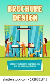 Team of professional janitors cleaning office. Vector illustration for cleaners job, cleaning service, hygiene at work concept
