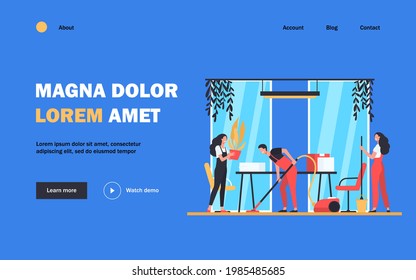 Team of professional janitors cleaning office. Vector illustration for cleaners job, cleaning service, hygiene at work concept