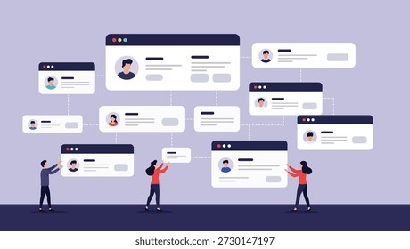 Equipe de profissionais gerenciar o sistema de rede de interface de perfil de usuário digital