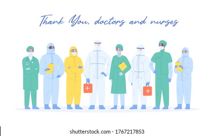 Team of professional medical staff in safety costumes standing together vector illustration. Group of diverse physicians with inscription Thank you, doctors and nurses on white background