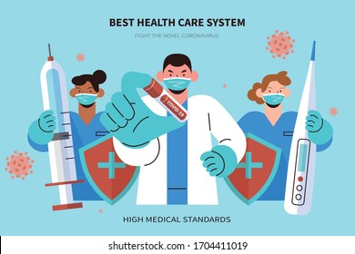A team of professional medical workers holding syringe, thermometer and test tube, in the concept of fighting against COVID-19 with good medical support