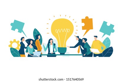 Team of professional people talking over the meeting. light bulb as a symbol of new idea and finding solution. Developing, taking a risk, support and solving the problem business concept illustration.