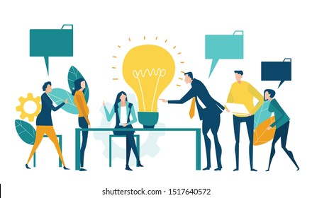 Team of professional people talking over the meeting. light bulb as a symbol of new idea and finding solution. Developing, taking a risk, support and solving the problem business concept illustration.