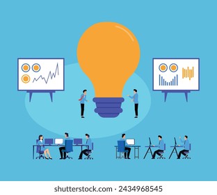 Team of professional people talking over the meeting. light bulb as a symbol of new idea and finding solution flat vector illustration