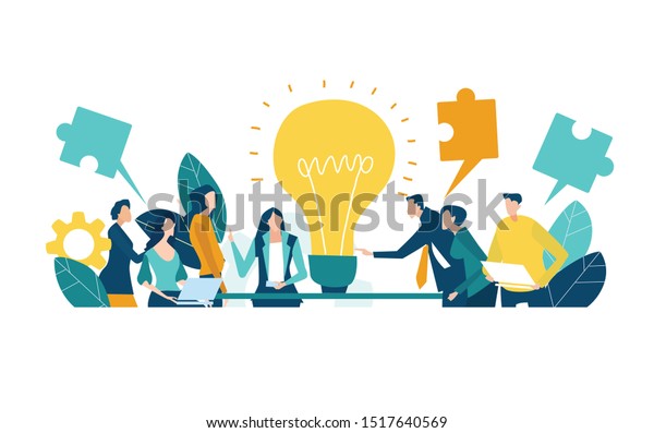 Team of professional people talking over\
the meeting. light bulb as a symbol of new idea and finding\
solution. Developing, taking a risk, support and solving the\
problem business concept\
illustration.