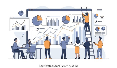 Team of professionals analyzing and presenting complex data visualizations on a large screen during a business meeting with charts and graphs