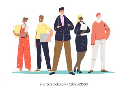 Team of professionals. Cartoon businesspeople group with businessman leader in front. Teamwork, leadership and colleagues partnership concept. Flat vector illustration