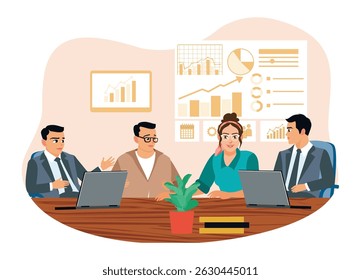 A team of professionals collaborate in the office. Brainstorming, analyzing financial charts and discussing project development plans. Flat vector illustration.
