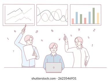 Ein professionelles Team arbeitet effektiv zusammen, um Datentrends mithilfe verschiedener Diagramme und Grafiken zu analysieren und zu interpretieren