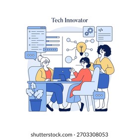Equipo de profesionales que trabajan colaborativamente en innovaciones tecnológicas. La Ilustración vectorial muestra el trabajo en equipo mientras los individuos participan en discusiones con herramientas e ideas digitales.