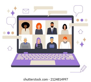 team of professionals communicates with the help of modern technologies. group of people of different ages and colors the skins are holding a video conference. stock vector illustration. EPS 10.