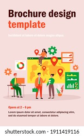 Team of professionals doing global business research. Business people near world map with pointers. Vector illustration for international development, company extension, marketing concept