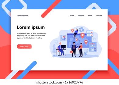 Team of professionals doing global business research. Business people near world map with pointers. Vector illustration for international development, company extension, marketing concept