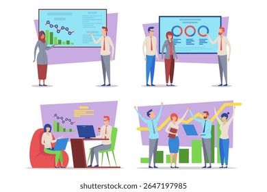 Team von Fachleuten, die an verschiedenen Aktivitäten wie der Präsentation von Daten auf Grafiken, der Erörterung von Strategien und der Zusammenarbeit an Schreibtischen und in entspannten Umgebungen beteiligt sind. Konzept der Zusammenarbeit