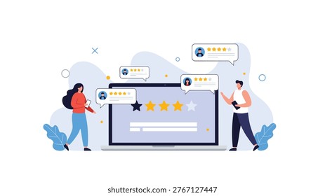 Team of professionals evaluates customer feedback and star ratings displayed on a large laptop computer monitor screen.