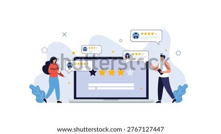 Team of professionals evaluates customer feedback and star ratings displayed on a large laptop computer monitor screen.