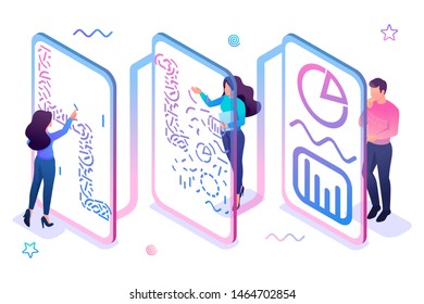 Team of professionals processes data and generates reports for analysis. Data analysis concept. 3d isometric Concept for web design