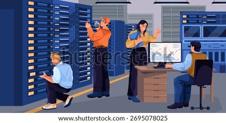 Team of IT professionals working in data center server room. Vector technicians and engineers managing network equipment, inspecting servers and monitoring system. Cybersecurity and cloud computing
