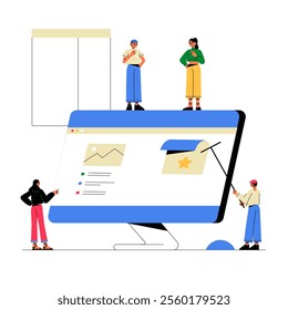 Team Of Professionals Working On Digital Project With Computer In Flat Vector Illustration Symbolizing Collaboration And Technology, Isolated On White Background