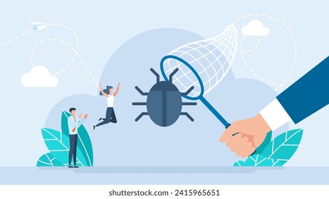 A team of programmers catches a bug in a butterfly net. IT software application testing, quality assurance, QA team and bug fixing concept. Flat design. People catching bugs. Vector illustration