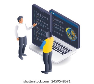 Team of programmers computer technology analysts isometric flat illustration