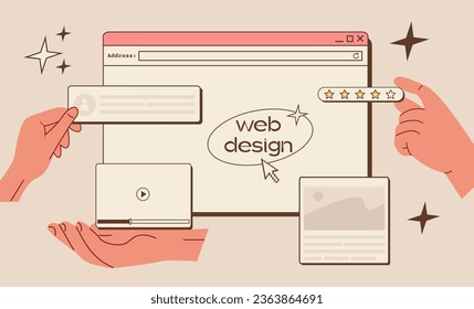 Team of programmers and designers working on website development. Software developer or code testing concept in trendy retro colors. Script coding, web ui ux design. Vector flat illustration.