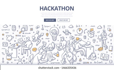 Team of programmers, web developers, designers, project managers collaborate on software project objectives. Hackathon event doodle concept illustration for web banners, hero images, printed materials