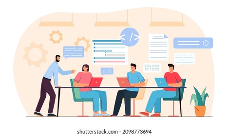 Team of programmers working on program code with laptops. Teamwork of male and female professional testers and coders flat vector illustration. Software development, programming lesson concept