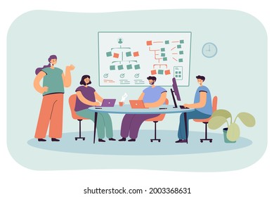 Team of programmers working on software. Flat vector illustration. Young people listening to lesson, creating app in front of monitors, in office workplace. Business, lecture, development, SMM concept