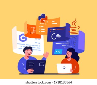 Team of IT Programmers working on web development on computers. Concept of script coding and programming in php, python,javascript,other languages.Software developers.Flat vector cartoon illustration.