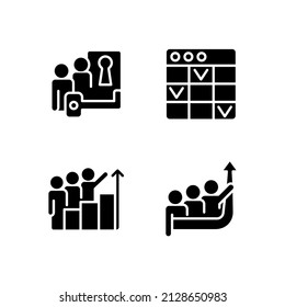 Team project black glyph icons set on white space. Problem solving. Management software. Common goal. Professional partnership. Silhouette symbols. Solid pictogram pack. Vector isolated illustration