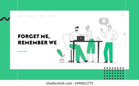 Team Project Development Website Landing Page. Creative Process in Office. Business People Discussing Idea with Light Bulb in Speech Bubble Teamworking Web Page Banner Cartoon Flat Vector Illustration