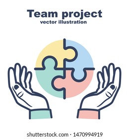 Team project line icon. Concept cooperation. Symbol collaboration. Black outline minimal icon. Vector illustration flat design. Isolated on white background. Hands businessmen hold connection puzzle.