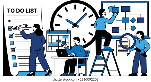 Team project management process showing employees organizing daily tasks on to do list calendar and process flow charts. Concept highlights efficient time management, workplace productivity, task organization, strategic planning, collaboration, data analysis, and professional project execution.