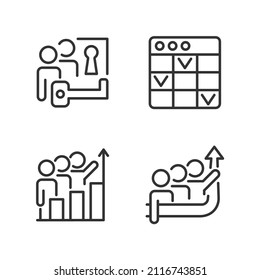 Team project pixel perfect linear icons set. Problem solving. Task management software. Common goal. Customizable thin line symbols. Isolated vector outline illustrations. Editable stroke