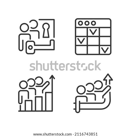 Team project pixel perfect linear icons set. Problem solving. Task management software. Common goal. Customizable thin line symbols. Isolated vector outline illustrations. Editable stroke