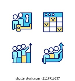 Team project pixel perfect RGB color icons set. Problem solving. Task management software. Common goal. Isolated vector illustrations. Simple filled line drawings collection. Editable stroke