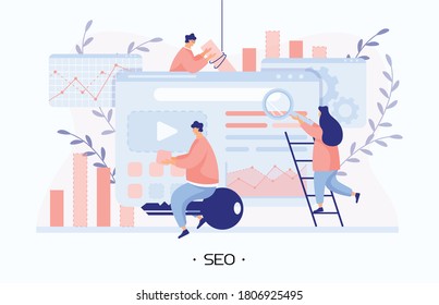 The team promotes website uses SEO technology and analyzing information from the internet. A man enters keywords and writing content for the website. Girl searching for mistakes on the website. Modern