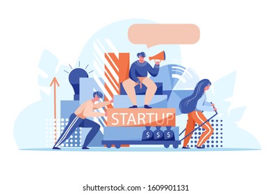 Team push startup with a leader on the top. Teamwork hard work and business development concept. Vector web site design template. Landing page website concept illustration