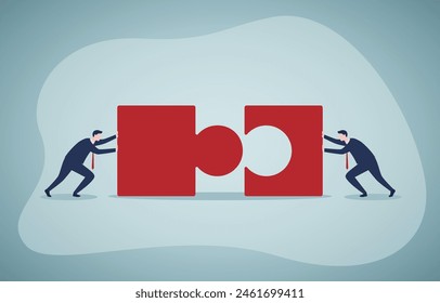 Team pushes the puzzle together. Merging concept. Teamwork metaphor. Symbol of working together, cooperation, partnership. Vector illustration in flat style.