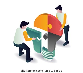 The team is putting together a business solution puzzle of the illustration concept
