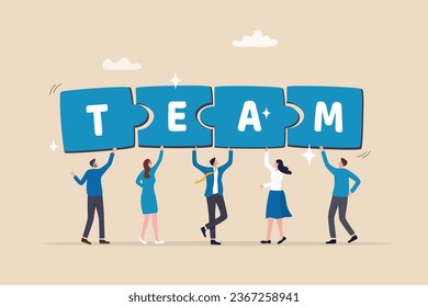 Team puzzle jigsaw connect, teamwork solving problem or cooperation for team success, collaboration idea, colleague work together concept, business people coworker help connect team jigsaw.