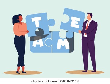 Team puzzle jigsaw connect, teamwork solving problem or cooperation for team success, collaboration idea, colleague work together concept, business people coworker help connect team jigsaw.