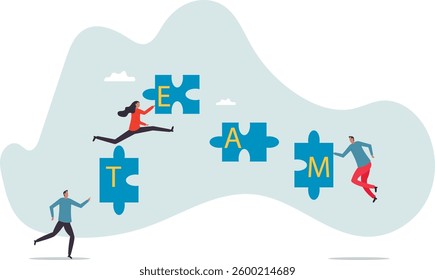 Team puzzle jigsaw connect, teamwork solving problem or cooperation for team success, collaboration idea, colleague work together .character for design