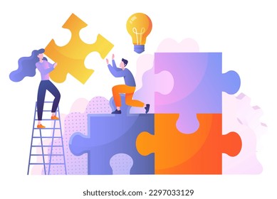 Team with puzzles. Teamwork, collaboration and cooperation. Colleagues and partners working on common project. Organization of effective workflow.
