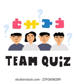 Team quiz. People solve riddle. Vector design. Hand drawn illustration on white background.